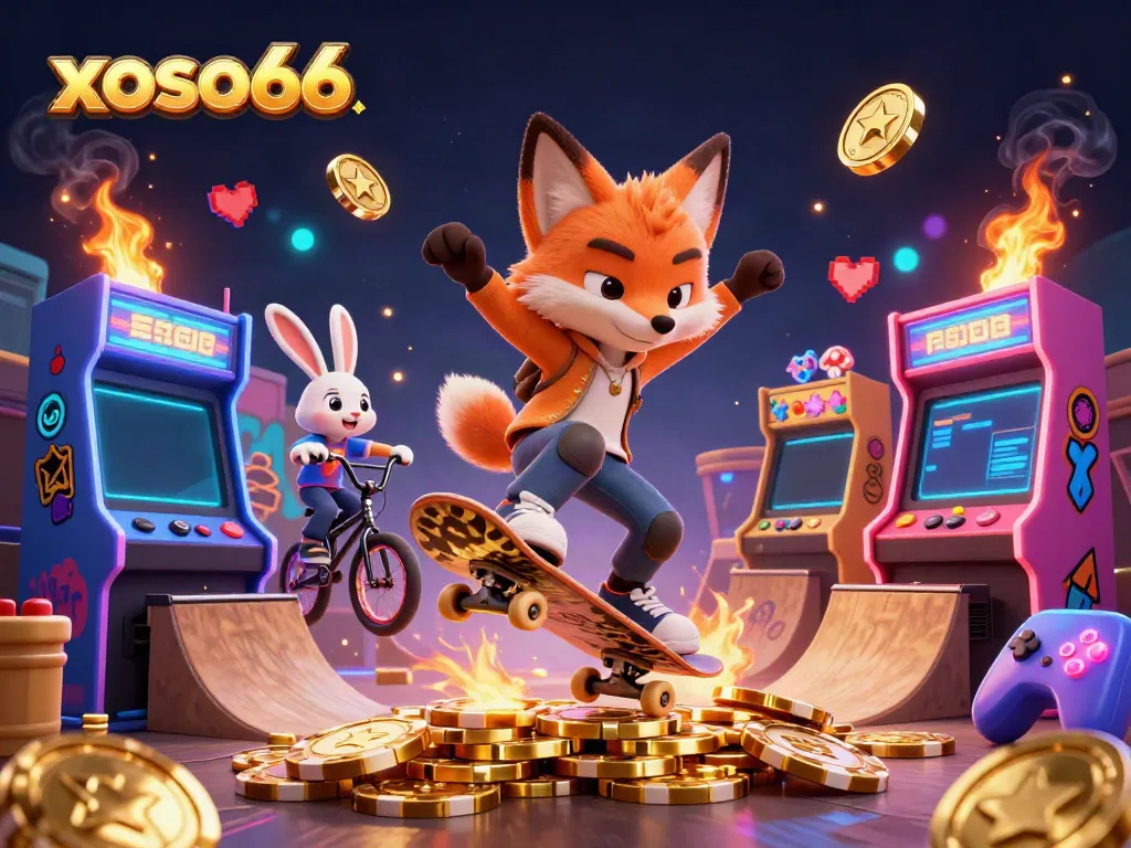 Engage with xoso66 while a fox does tricks over poker chips amidst vibrant casino-themed graphics.