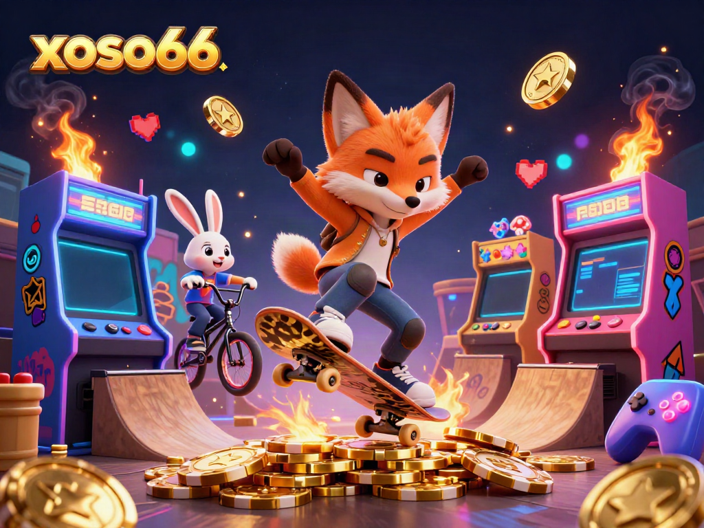 Engage with xoso66 while a fox does tricks over poker chips amidst vibrant casino-themed graphics.
