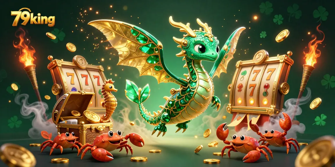 Engage with 79king's vibrant casino scene, showcasing emerald-covered dragon and dynamic game elements.