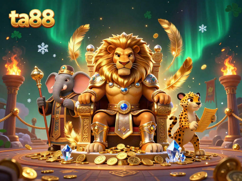 Engage in the vibrant casino scene featuring the lion king on a throne surrounded by casino elements, ta88 gaming.