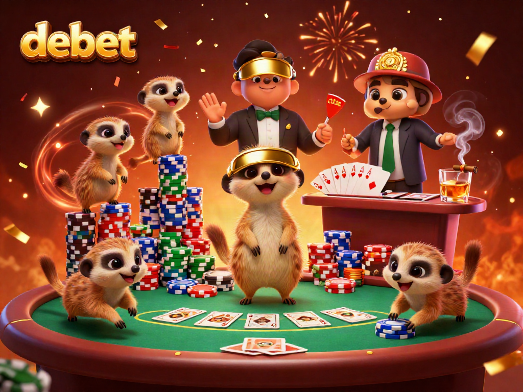 Engage in winning strategies at Debet's vibrant casino, led by cartoon meerkats in a dynamic setting.