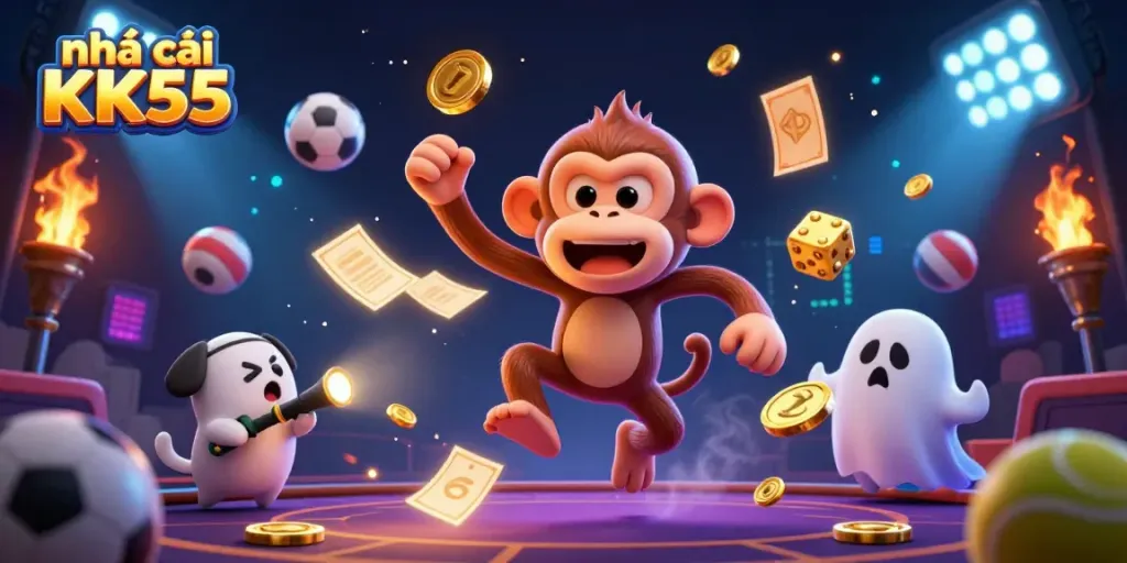 Experience the excitement of nhà cái KK55 with a playful poltergeist monkey juggling golden casino items.