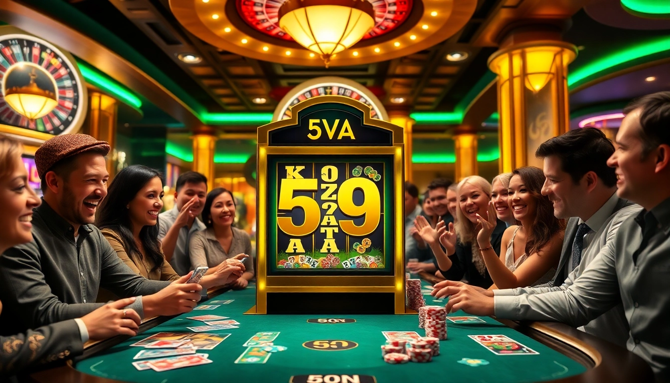 Um grupo de jogadores comemorando uma vitória em uma máquina caça-níqueis de luxo com tema 59A em um cassino vibrante.