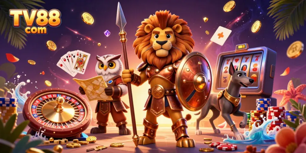 Engage in thrilling gameplay at TV88 com, featuring a vibrant casino scene with dynamic characters and splendid game elements.