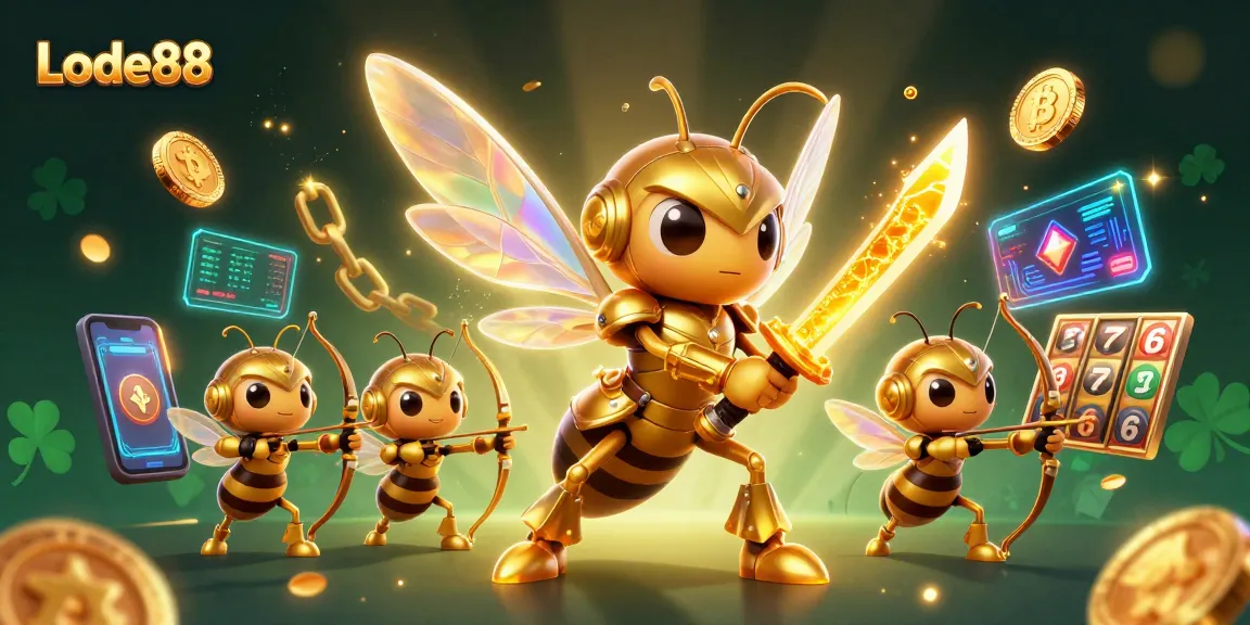 Lode88 showcases gaming excitement with a golden hornet samurai, crypto coins, and vibrant slot elements.