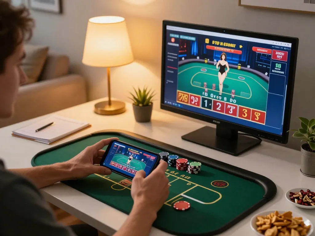 Engaging player enjoying online games on tr88s platform with smartphone and tablet.