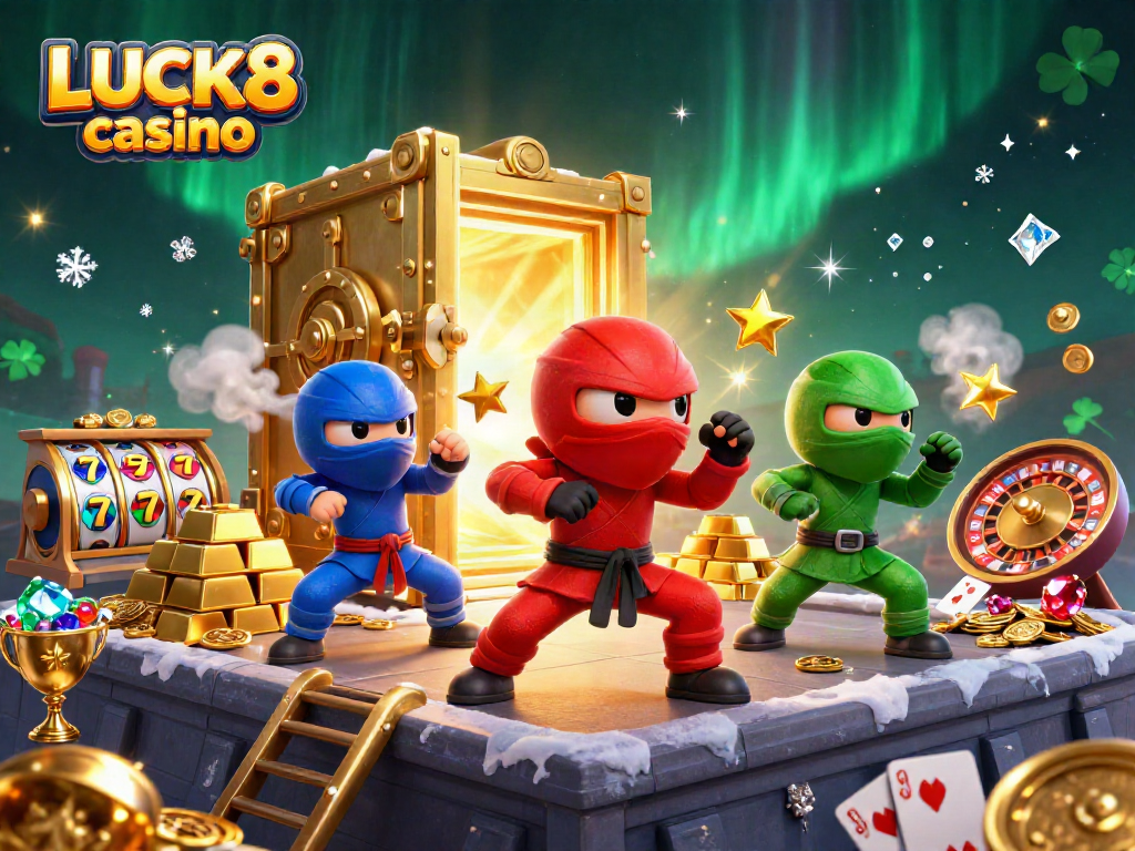 Experience the excitement of LUCK8 casino with a unique 3D illustration featuring colorful characters and dazzling treasures.