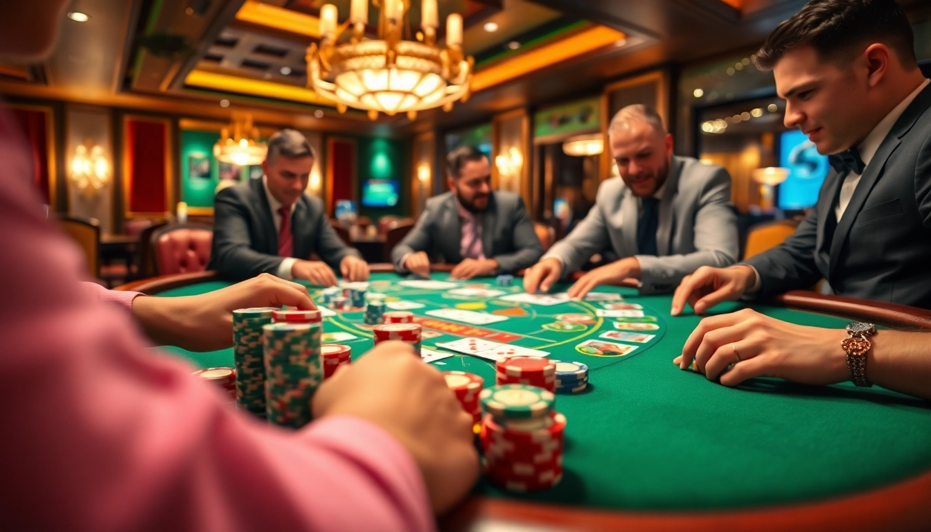 Joueurs enthousiastes autour d'une table de casino en ligne, ambiance luxueuse.