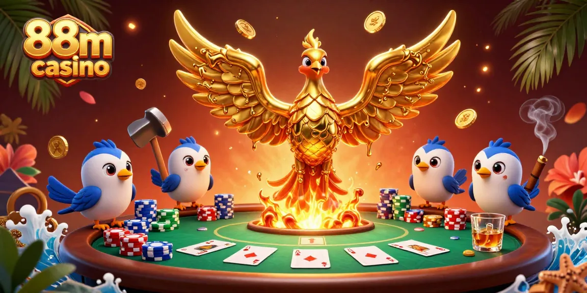 Engage with the thrilling atmosphere of 88m casino, showcasing vibrant poker action and golden phoenix symbolizing wealth.