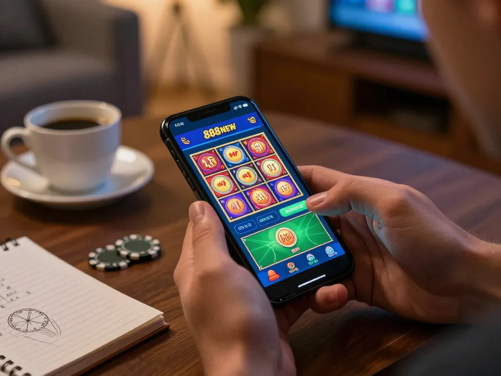 Player enjoying the 888NEW mobile gambling app at home, immersed in a colorful gaming interface.