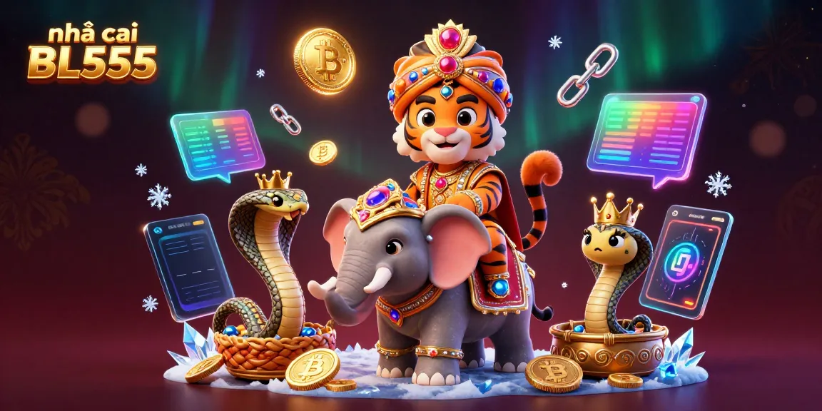 Engage with nhà cái BL555's vibrant casino scene featuring a tiger, elephant, and cobra alongside cryptocurrencies.