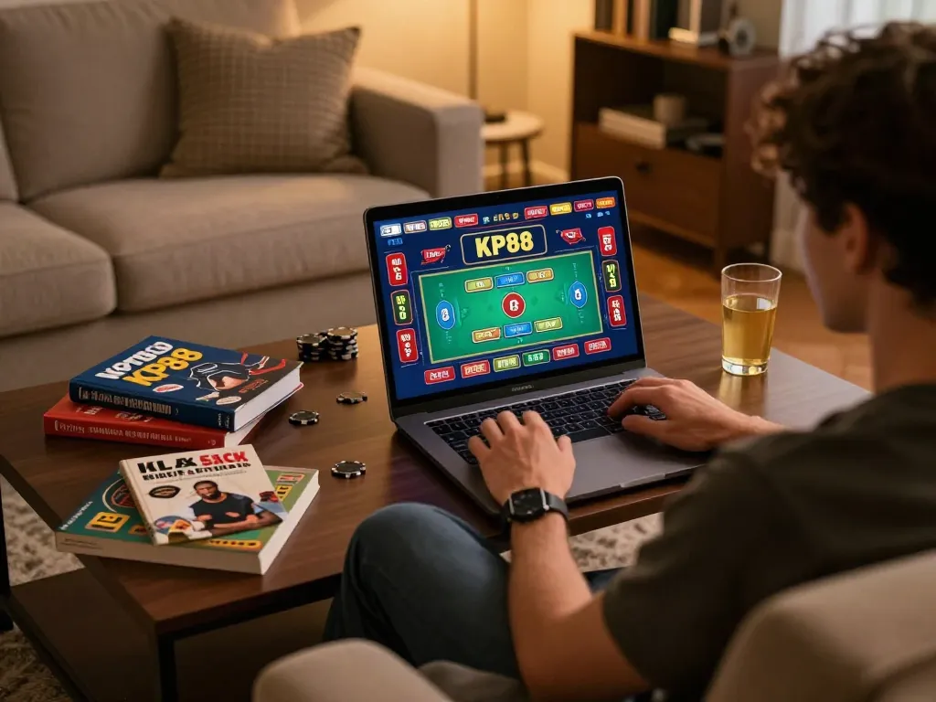 Engaging in online gaming on KP88 casino app, enjoying a cozy home atmosphere with strategy books.