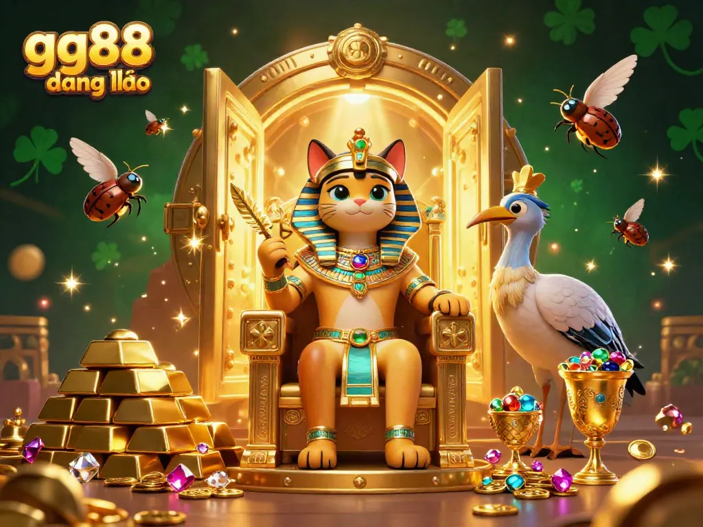 Engage in thrilling gameplay with gg88 đăng nhập, featuring an Egyptian cat royal ambiance among dazzling treasures.