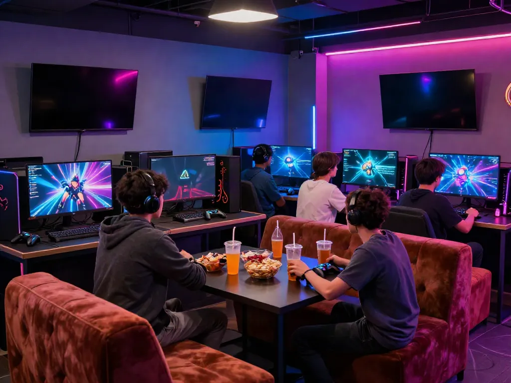 Nohuwin gaming lounge filled with friends enjoying an immersive experience.