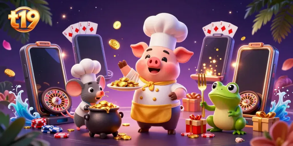 Experience the excitement of t19 with a lively 3D scene showcasing a chef pig and his companions amid a backdrop of casino games and gold coins.