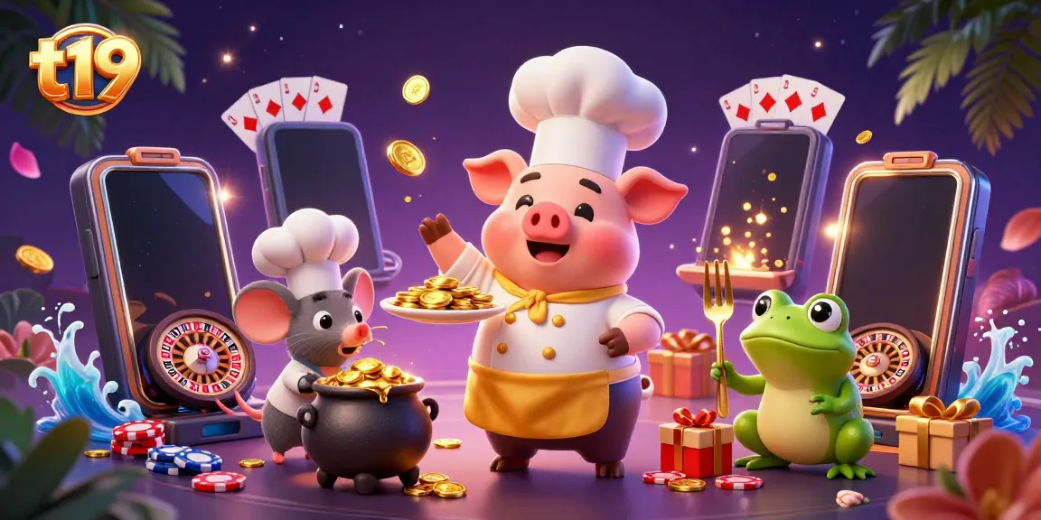 Experience the excitement of t19 with a lively 3D scene showcasing a chef pig and his companions amid a backdrop of casino games and gold coins.