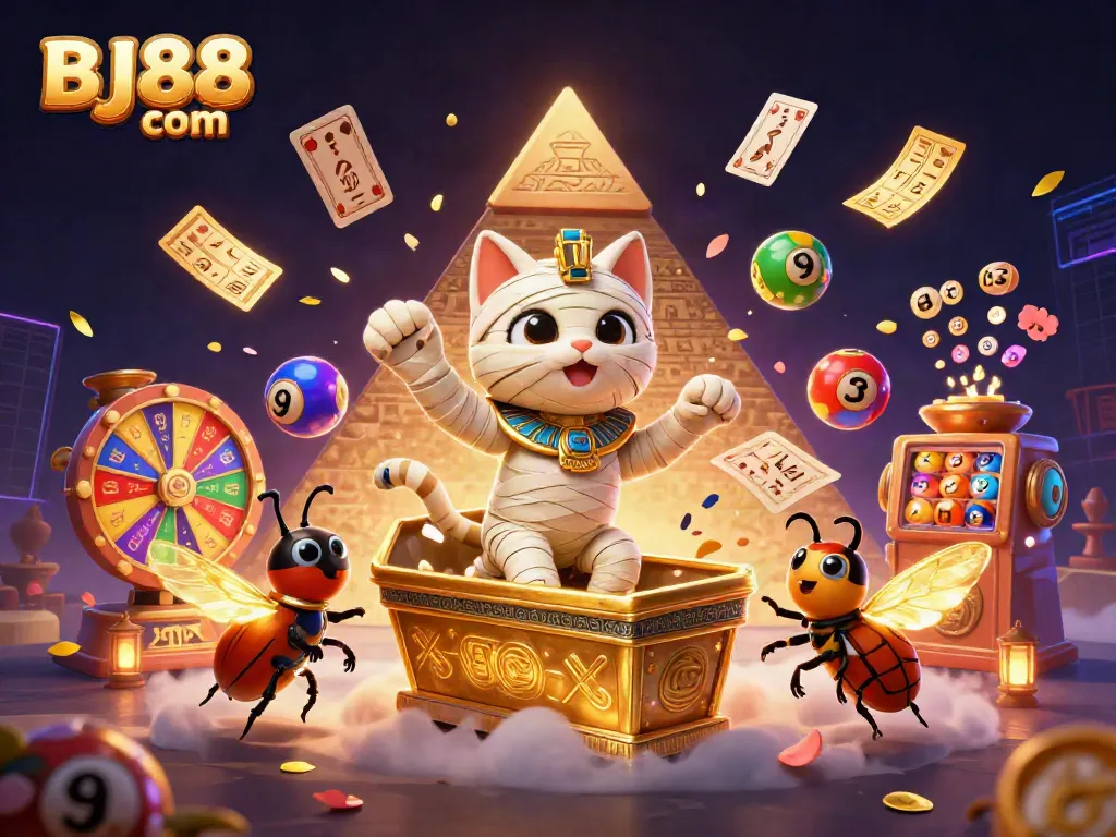 Engage with thrilling games at BJ88 com, featuring a dynamic scene of a casino-hopping mummy cat and vibrant gaming elements.