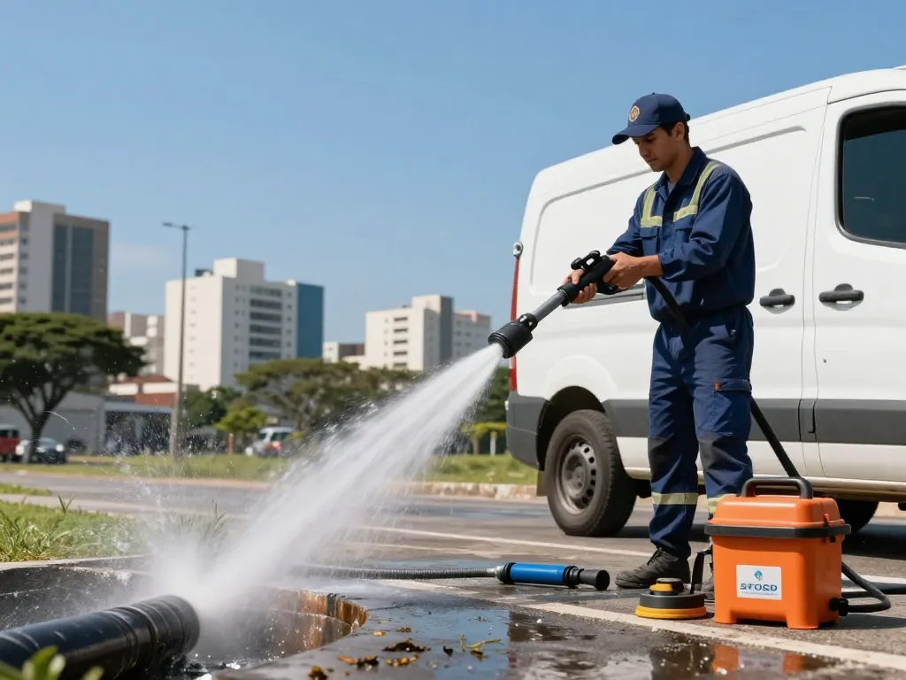 Limpa fossa em São Paulo, technician cleaning sewer with high-pressure jetting machine in urban setting.