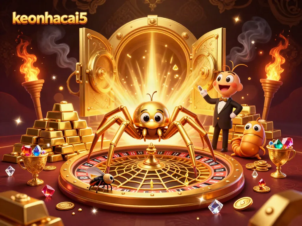 Engaging scene showcasing keonhacai5 with a spider and croupier characters spinning a golden web casino themed