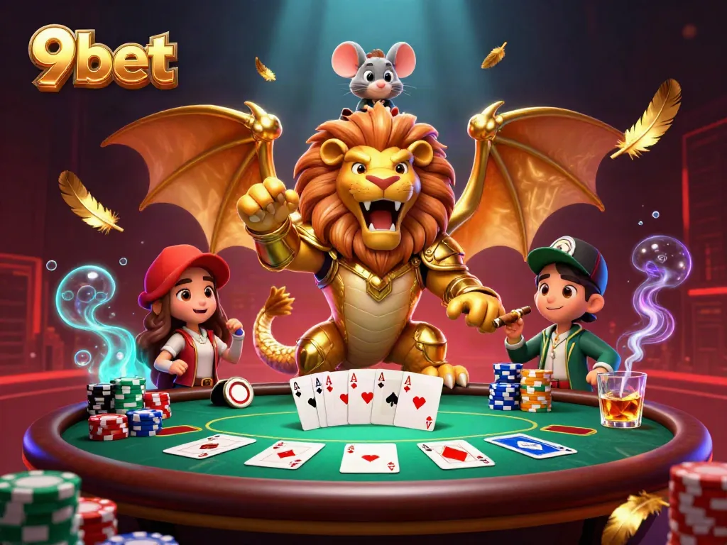 Winning hands at 9bet poker showcased in a vibrant casino scene with floating tokens.
