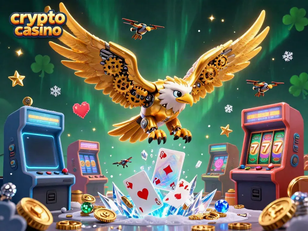 Experience the thrill of crypto casino action with holographic cards and vibrant gaming elements.