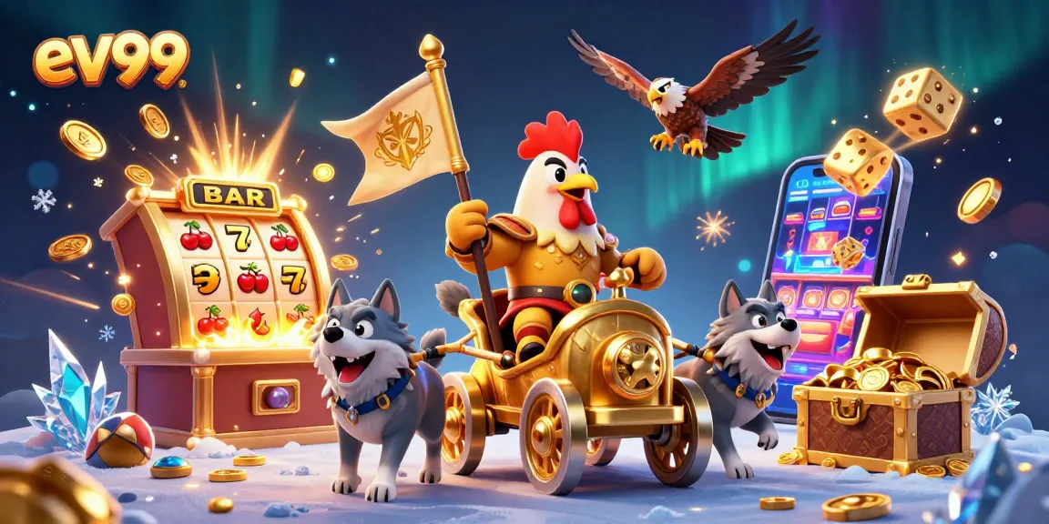 Experience exhilarating slots at ev99 with a vibrant 3D illustration of casino excitement.