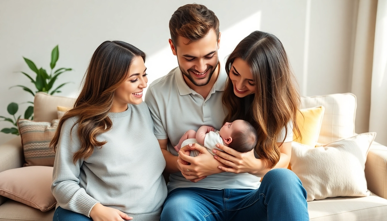 Family with new born baby smiling together in a cozy living room with natural light.