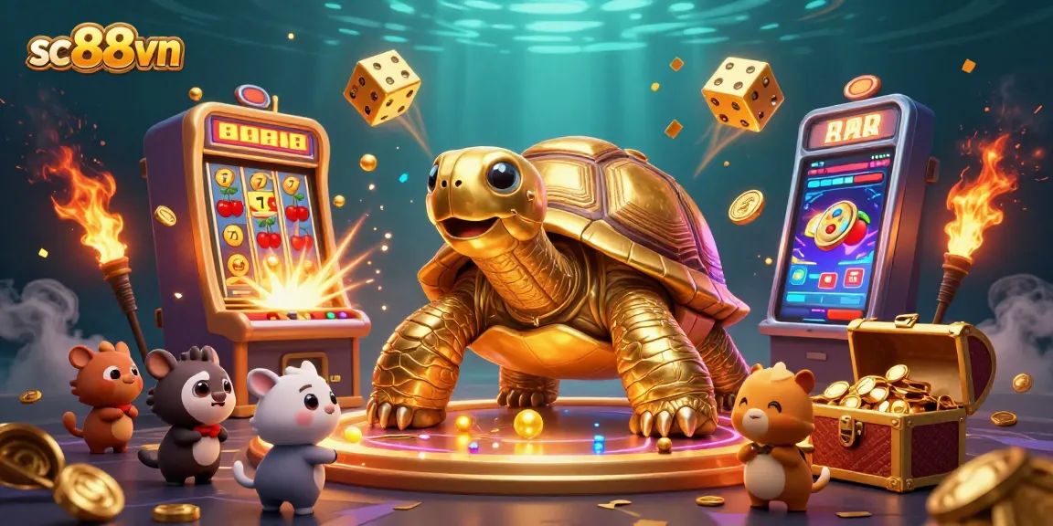 Play dynamic casino games with sc88vn, featuring a golden tortoise and jackpot symbols in this vibrant illustration.