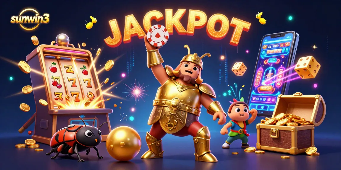 Win big with sunwin3 at the dynamic online game scene, featuring a victorious hero beetle and vibrant slot machines.