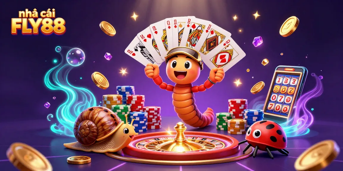 Engage with the nhà cái FLY88 through an exciting 3D casino scene featuring vibrant characters and sparkling games.