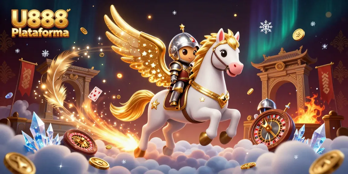 Experience U888 Plataforma with thrilling animations of live casino elements and a magical knight on a celestial horse.