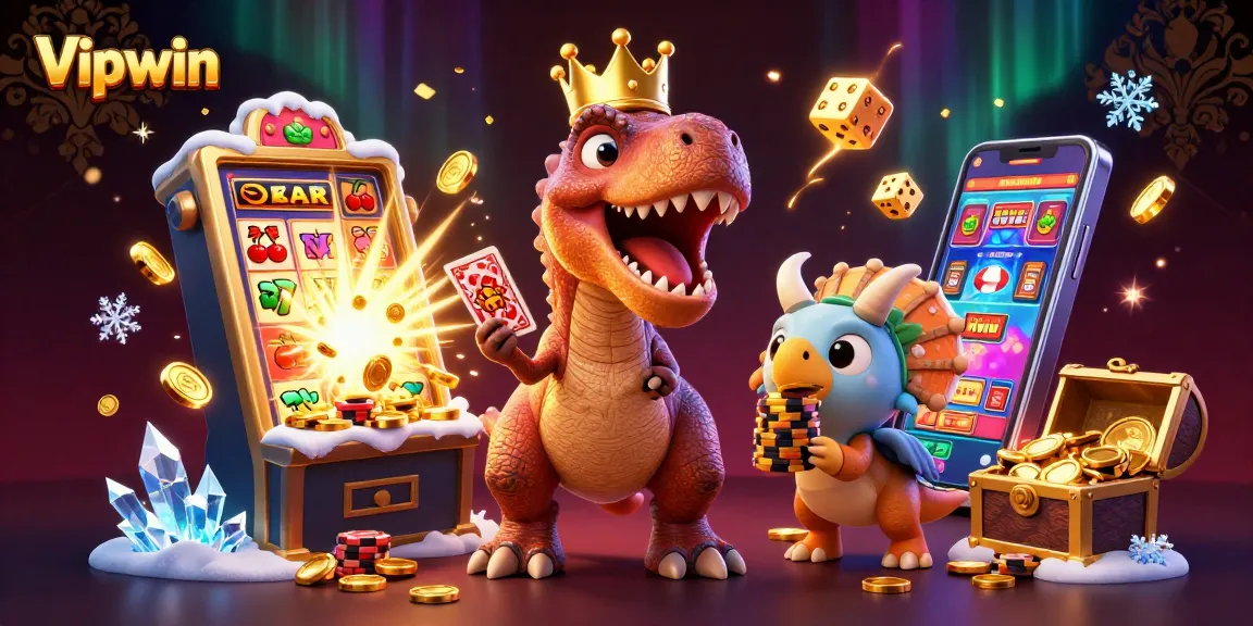 Experience the excitement of Vipwin with a playful T-Rex shuffling cards in a vibrant casino scene.