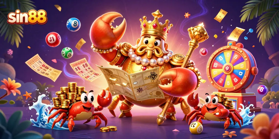 Engage with sin88's vibrant lottery scene featuring a golden crab emperor and dynamic game elements.