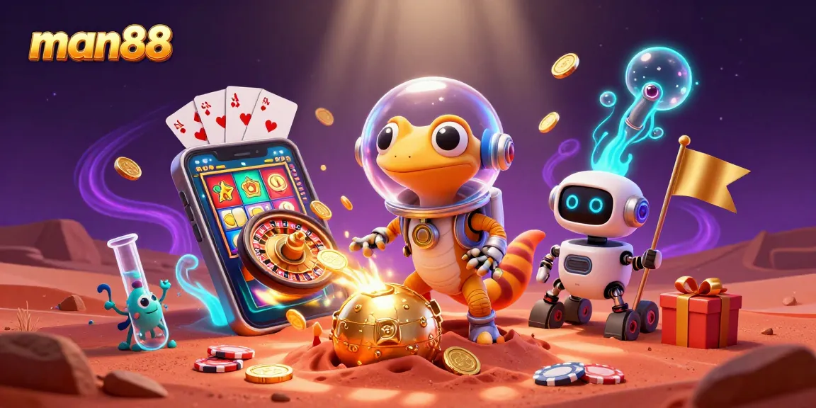 Experience the excitement of man88 in a vibrant 3D casino scene with a Martian gecko and gold elements.