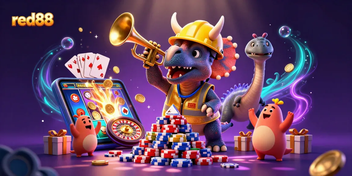 Cheerful casino scene with red88 as a triceratops builds poker chip pyramid amid slot game excitement.