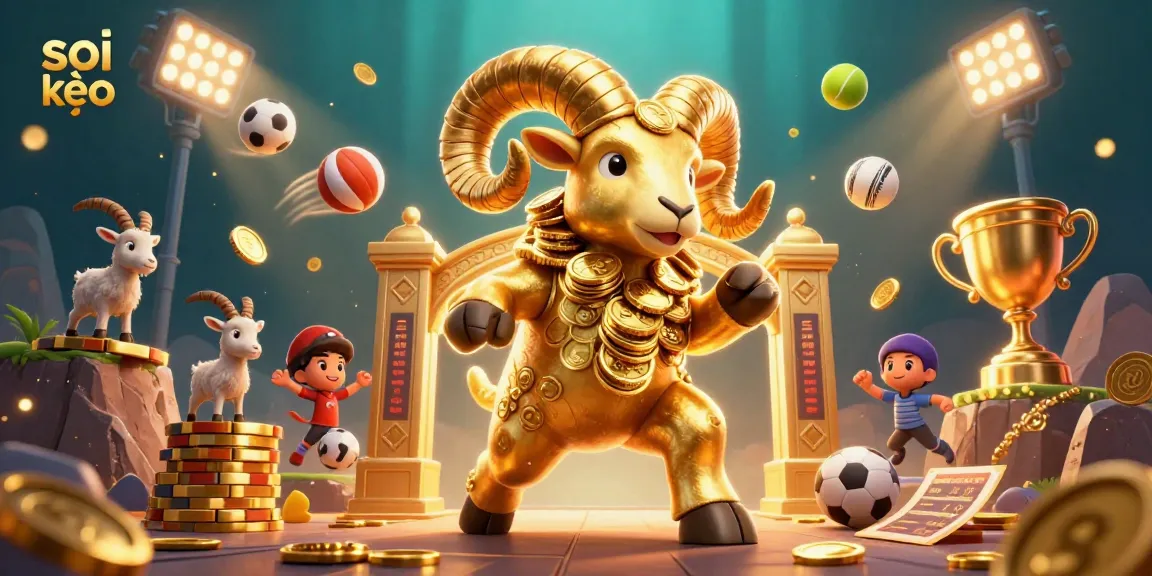 Soi kèo with a charging golden ram amid sports balls and sparkling elements in a dynamic betting scene.